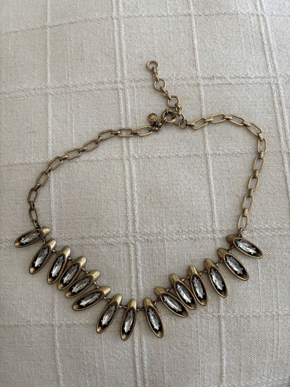 ⁠JCrew Antique Brass Marquise Rhinestone Collar Necklace Regencycore Glam Collar
